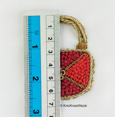 Hand Embroidered Handbag Applique In Red and Antique Gold Zardozi Embroidery, Appliqué Patch, Bag Applique